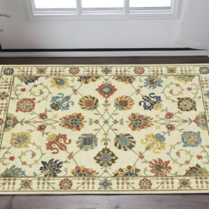 3' X 5' Ivory Yellow And Dark Orange Oriental Area Rug With Fringe