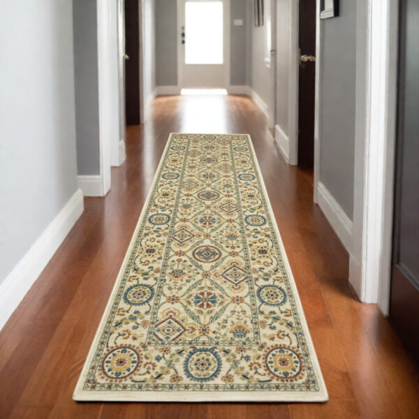 8' Ivory Blue And Burnt Orange Oriental Runner Rug With Fringe