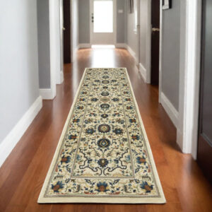 8' Ivory Blue And Brown Oriental Runner Rug With Fringe