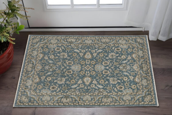 2' X 3' Blue And Beige Oriental Area Rug With Fringe
