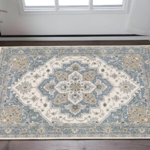 2' X 3' Blue And Ivory Medallion Distressed Area Rug With Fringe