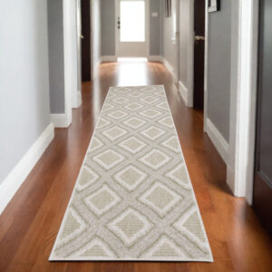 8' Gray And Beige Diamond Runner Rug