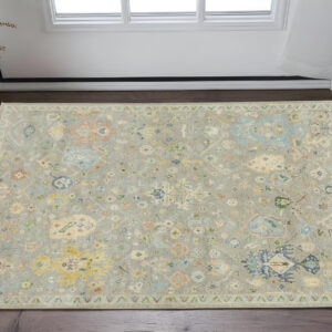 2' X 3' Gray Blue And Yellow Wool Oriental Hand Knotted Area Rug With Fringe