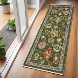 6' Green Gray And Light Blue Oriental Runner Rug With Fringe