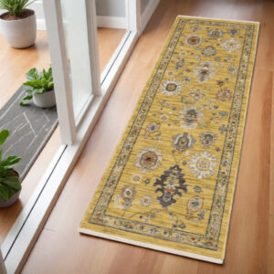 6' Yellow Ivory And Gray Oriental Runner Rug With Fringe
