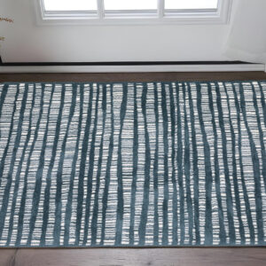 2' X 3' Teal And Ivory Striped Distressed Area Rug