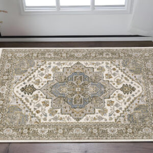 3' X 5' Ivory And Gold Medallion Distressed Area Rug With Fringe