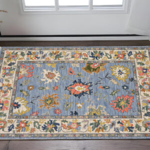 3' X 5' Blue Yellow And Ivory Oriental Area Rug With Fringe