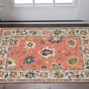 3' X 5' Salmon Blue And Yellow Oriental Area Rug With Fringe
