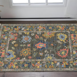 3' X 5' Gray Yellow And Blue Oriental Area Rug With Fringe