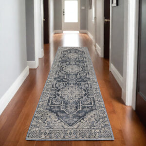8' Blue And Gray Medallion Runner Rug