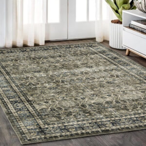 5' X 7' Charcoal And Blue Oriental Area Rug