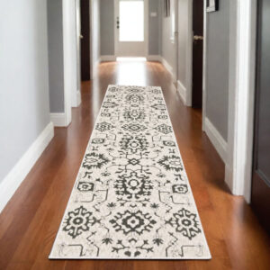 8' Ivory And Gray Oriental Runner Rug