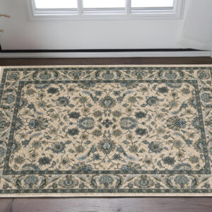 3' X 5' Beige And Blue Oriental Area Rug With Fringe