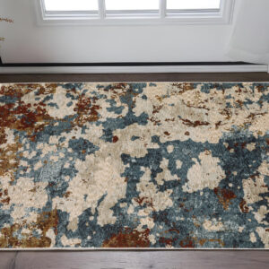 3' X 5' Beige Teal And Rust Abstract Area Rug With Fringe