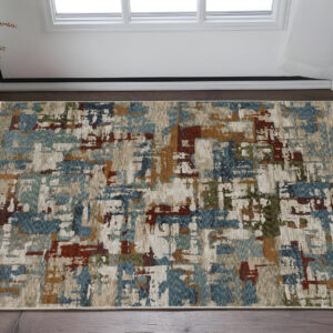 3' X 5' Beige Teal And Brown Abstract Area Rug With Fringe