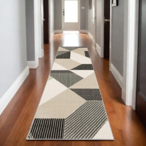 8' Ivory And Black Geometric Runner Rug