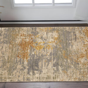 3' X 5' Beige And Gold Abstract Area Rug With Fringe