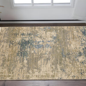 3' X 5' Beige And Blue Abstract Area Rug With Fringe