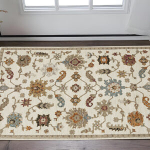 2' X 3' Ivory Tan And Black Oriental Area Rug