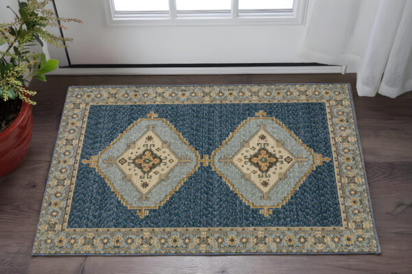 2' X 3' Blue And Gold Medallion Area Rug