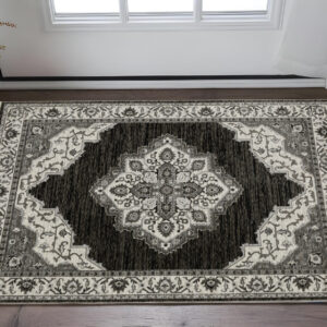 3' X 5' Charcoal And Ivory Medallion Area Rug With Fringe