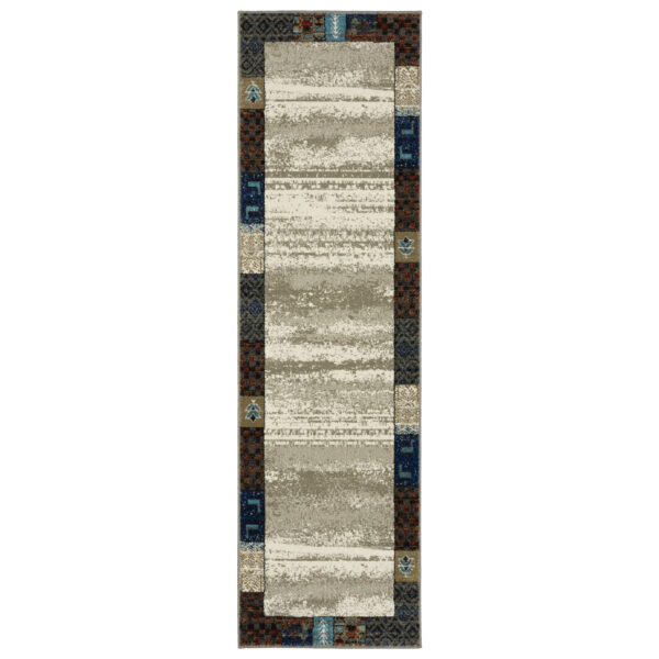 8' Beige Tan And Dark Blue Patchwork Runner Rug