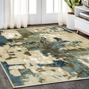 5' X 8' Beige Blue And Brown Abstract Area Rug