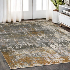 5' X 8' Gray And Gold Abstract Area Rug With Fringe