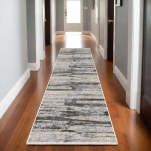 8' Gray And Ivory Abstract Runner Rug With Fringe