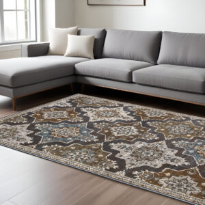 7' X 10' Gray And Blue Medallion Area Rug