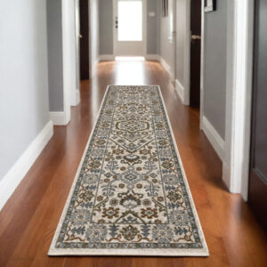 8' Ivory And Rust Floral Runner Rug With Fringe