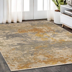 5' X 8' Beige And Gold Abstract Area Rug With Fringe