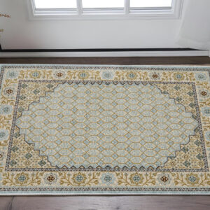 3' X 5' Blue And Gold Oriental Area Rug With Fringe