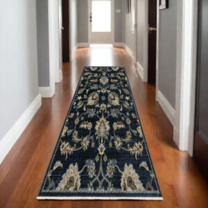 8' Navy Blue Tan And Teal Oriental Runner Rug With Fringe