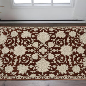 3' X 5' Red And Beige Floral Area Rug With Fringe