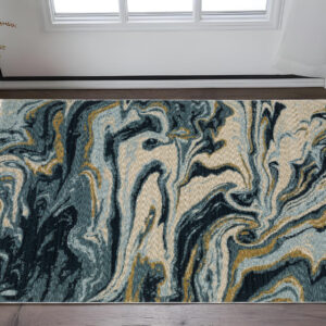 3' X 5' Navy Blue And Teal Abstract Area Rug With Fringe