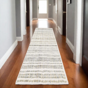 8' Ivory Yellow And Black Striped Runner Rug
