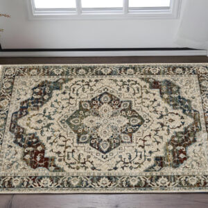3' X 5' Beige Rust And Blue Medallion Area Rug With Fringe