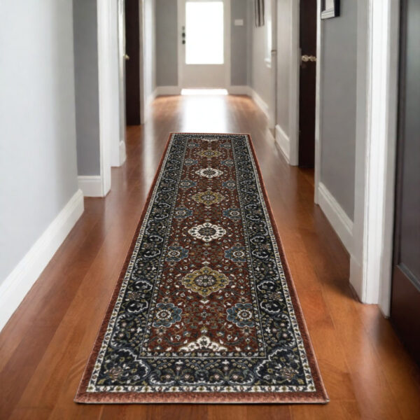 8' Red Medallion Runner Rug With Fringe