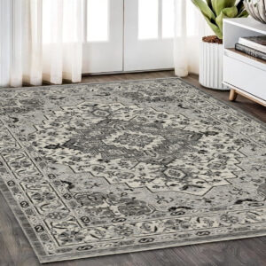 5' X 8' Gray And Ivory Medallion Area Rug With Fringe