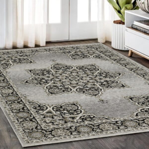 5' X 8' Gray And Black Medallion Area Rug With Fringe