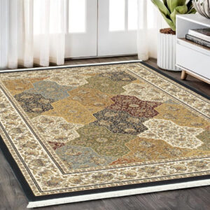 5' X 8' Navy Blue Black And White Oriental Area Rug With Fringe