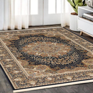 5' X 8' Navy Blue Tan And Black Medallion Area Rug With Fringe