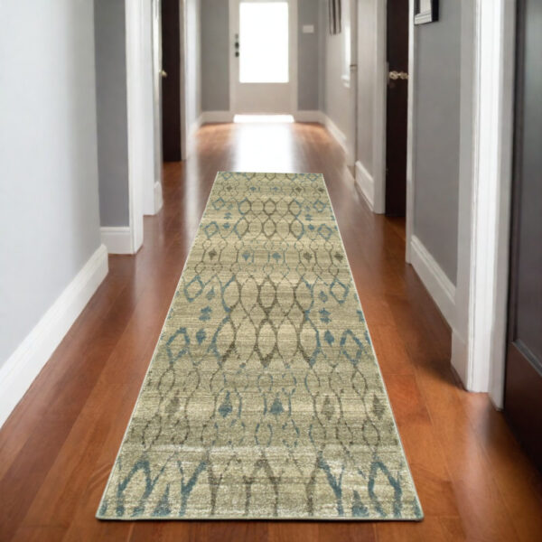 8' Ivory And Blue Geometric Runner Rug