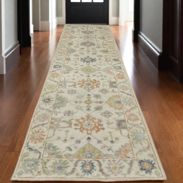 10' Beige And Green Wool Oriental Hand Knotted Runner Rug With Fringe