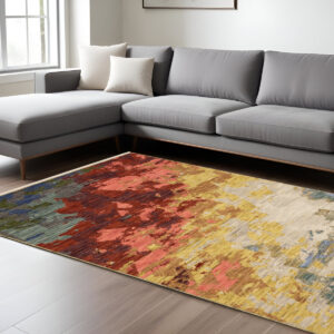 7' X 10' Beige Salmon And Yellow Abstract Area Rug With Fringe