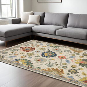 7' X 10' Ivory Gray And Blue Oriental Area Rug With Fringe