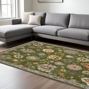 7' X 10' Green Blue And Yellow Oriental Area Rug With Fringe