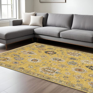 7' X 10' Yellow Ivory And Black Oriental Area Rug With Fringe